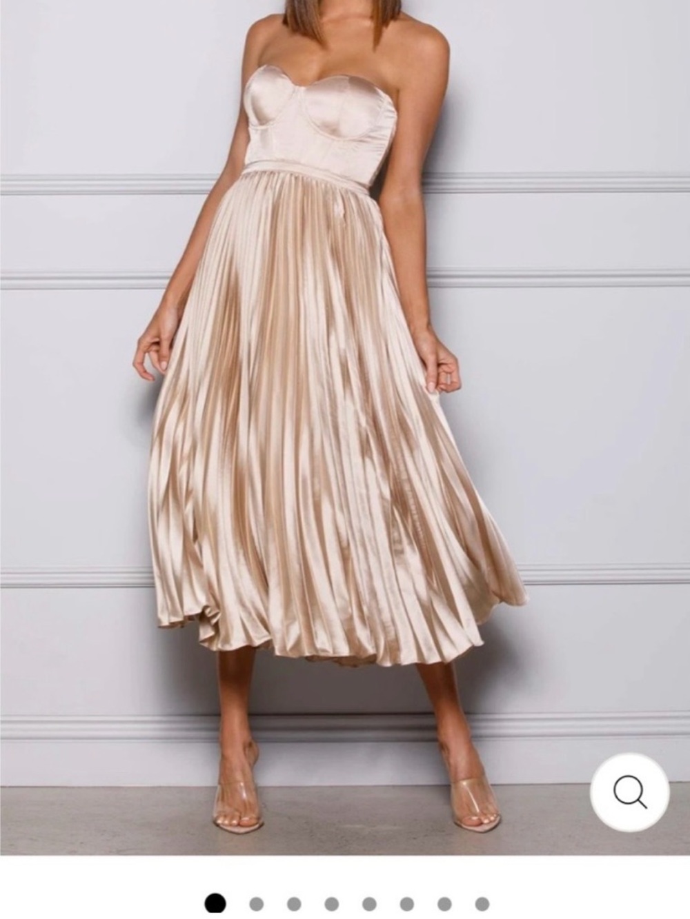 JAUS Strapless champagne Pleated Satin Midi dress